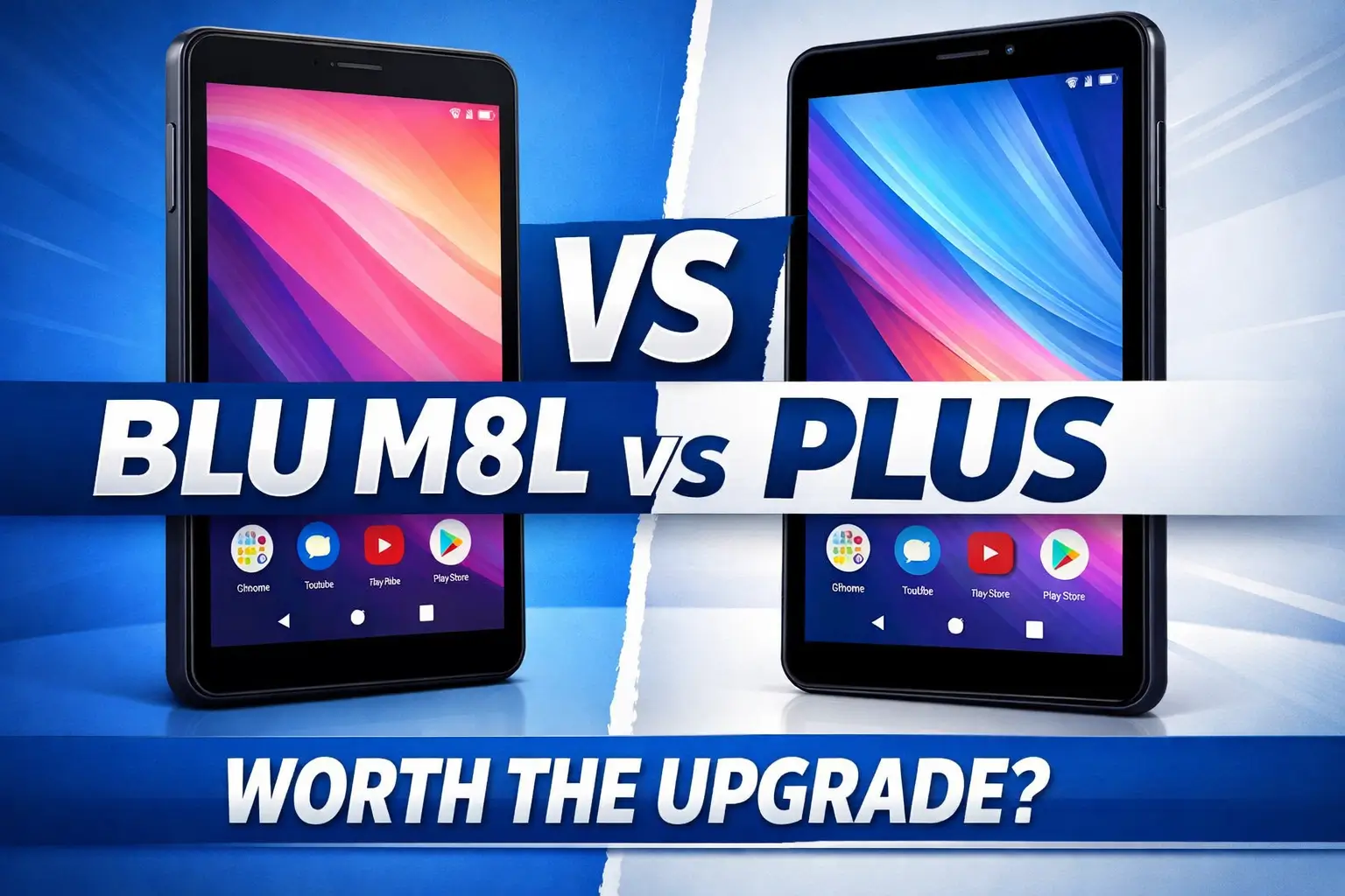 BLU M8L vs BLU M8L Plus tablets comparison thumbnail showing two devices side by side with upgrade question text