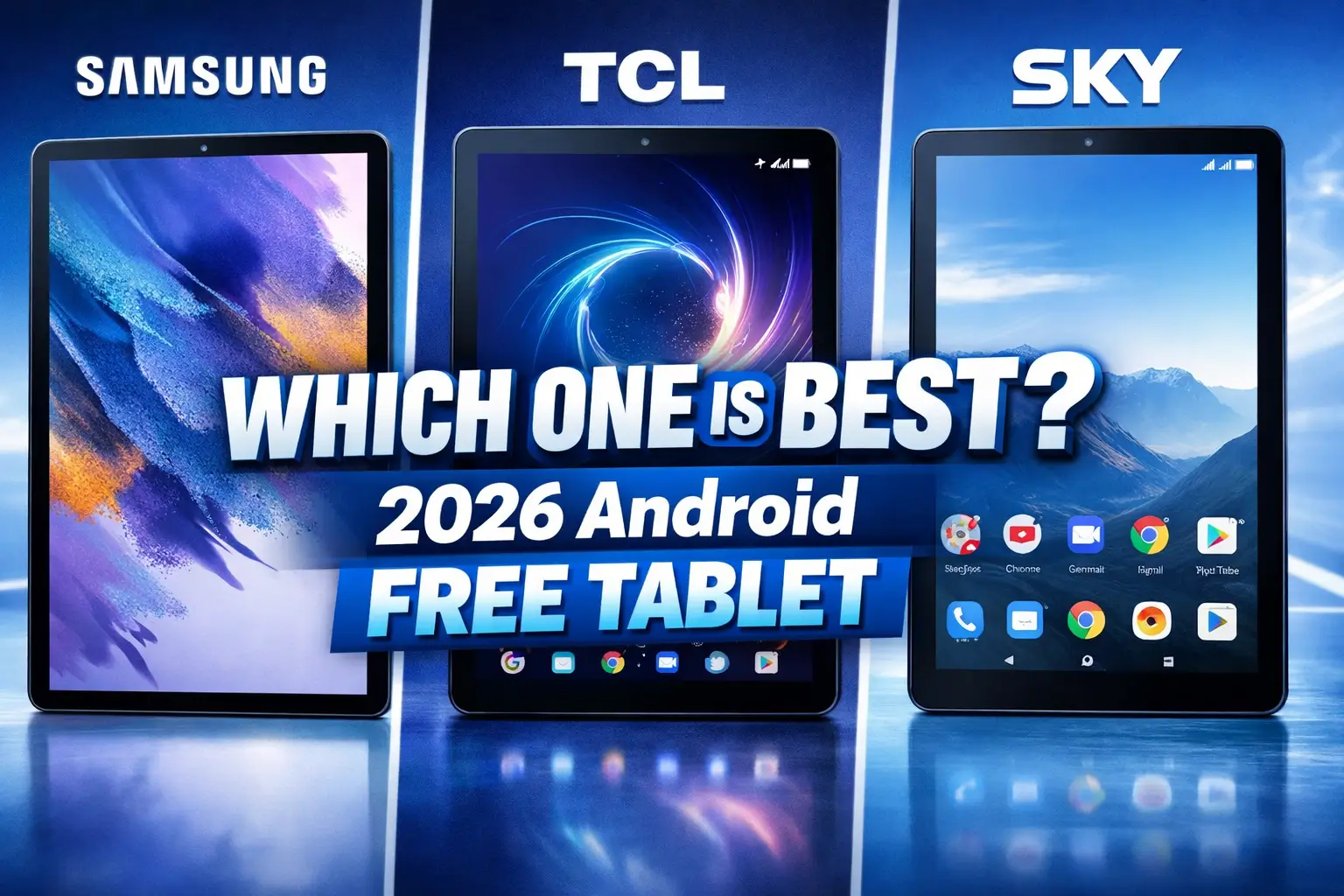 Comparison thumbnail showing Samsung, TCL, and Sky free government tablets 2026 with text Which One Is Best