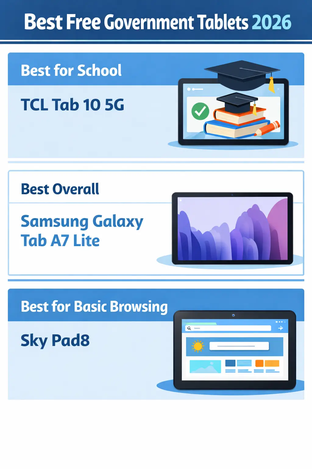 Infographic showing best free government tablets 2026 TCL Tab 10 5G Samsung Galaxy Tab A7 Lite Sky Pad8 comparison