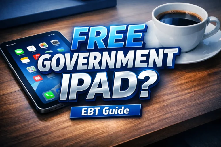 Refurbished iPad Mini on wooden desk with coffee cup and bold text Free Government iPad EBT Guide thumbnail