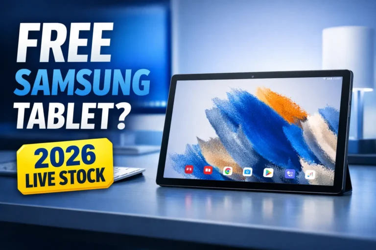 Samsung Galaxy Tab A8 on desk with text Free Samsung Tablet 2026 Live Stock thumbnail