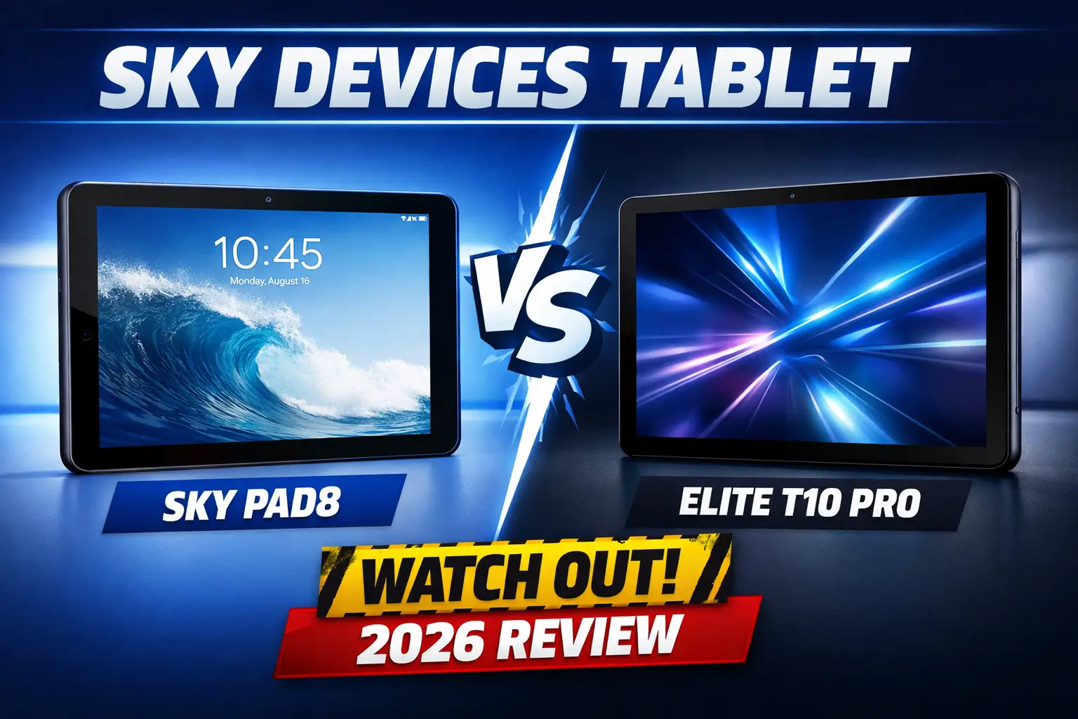 Split-screen thumbnail showing Sky Pad8 vs Elite T10 Pro tablets with bold text “Sky Devices Tablet” and warning badge “Watch Out 2026 Review” in blue tech style design