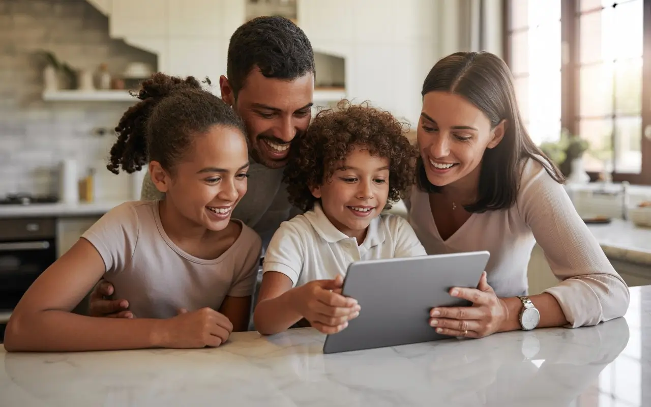 Family happily using a free tablet with EBT at home