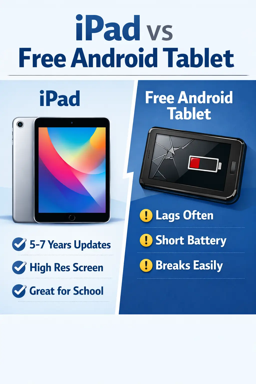Infographic comparing refurbished iPad vs free Android tablet with features and performance differences for government tablet programs