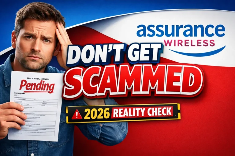 Worried person holding pending application with Assurance Wireless logo and scam warning text 2026 reality check