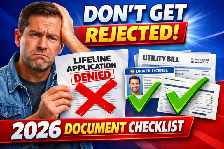 A bold video thumbnail showing a worried applicant holding a denied Lifeline application, beside a clear ID card and utility bill with approval marks. Designed to highlight the document checklist people need before applying for a free government tablet in 2026. Alt text: Worried person holding a denied Lifeline application paper next to an ID card and utility bill with approval checkmarks and text saying Don’t Get Rejected 2026 Document Checklist.