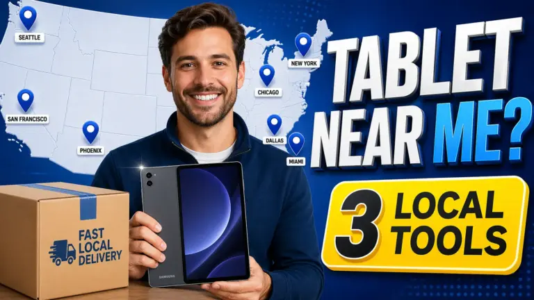 Person holding tablet with US map and location pins, free tablet near me concept with local tools badge