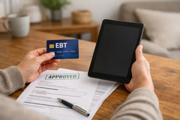 Adult holding an EBT card and tablet at home with approval paperwork on the table