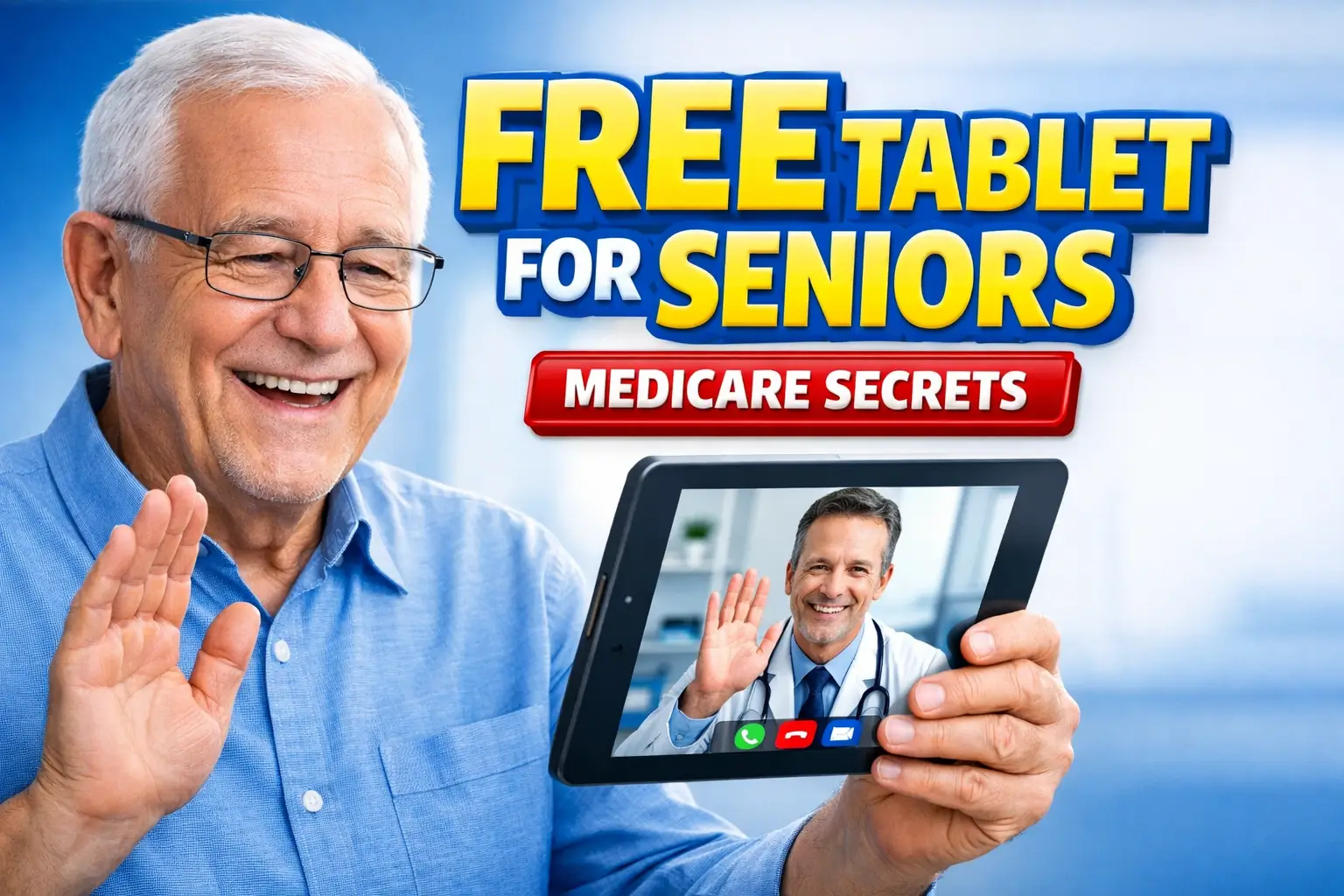 Smiling senior holding a tablet on a video call with a doctor, with bold text “Free Tablet for Seniors” and “Medicare Secrets” on a blue background