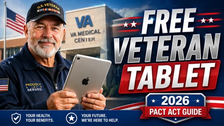 Veteran holding iPad with Free Veteran Tablet 2026 PACT Act Guide text in front of VA clinic