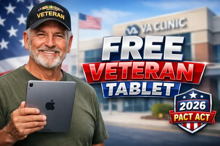 Veteran holding an iPad in front of a VA clinic with bold text reading Free Veteran Tablet and a 2026 PACT Act badge.