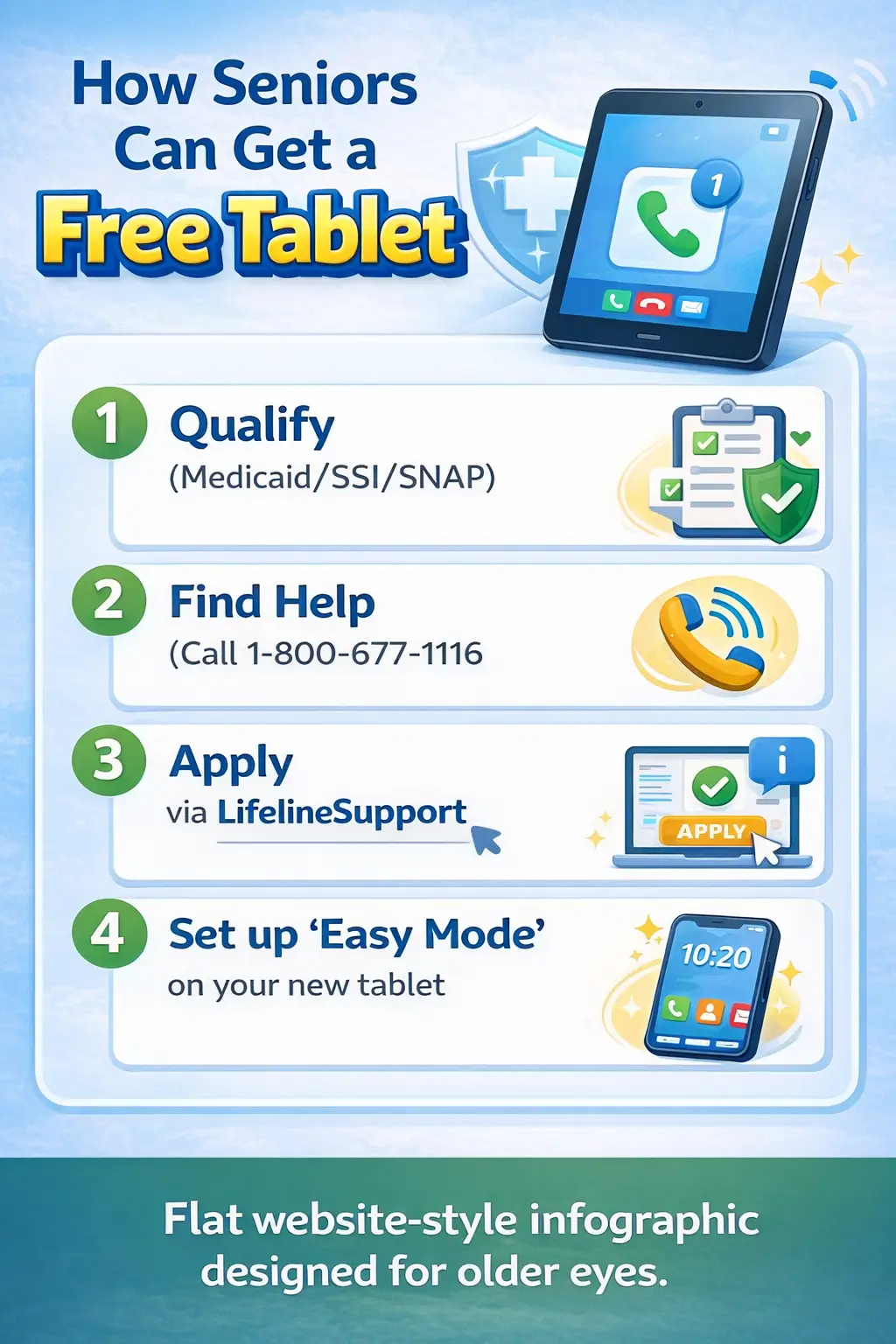 Infographic showing four steps for seniors to get a free tablet, including qualification, calling for help, applying through Lifeline, and setting up easy mode on a tablet