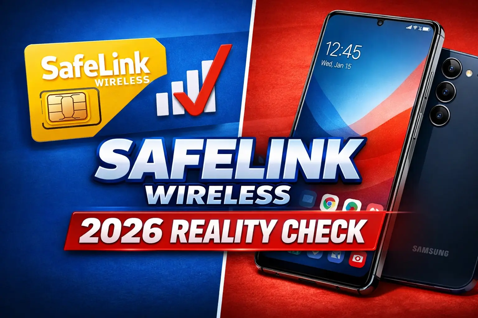 SafeLink SIM card with Verizon signal icon and Samsung Galaxy phone split screen thumbnail with 2026 reality check text