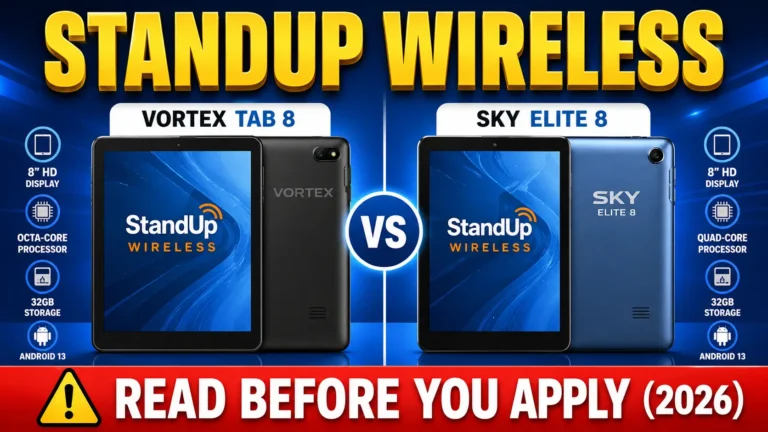 Split-screen thumbnail showing Vortex Tab 8 and SKY Elite 8 tablets with StandUp Wireless branding and a red warning banner reading read before you apply 2026
