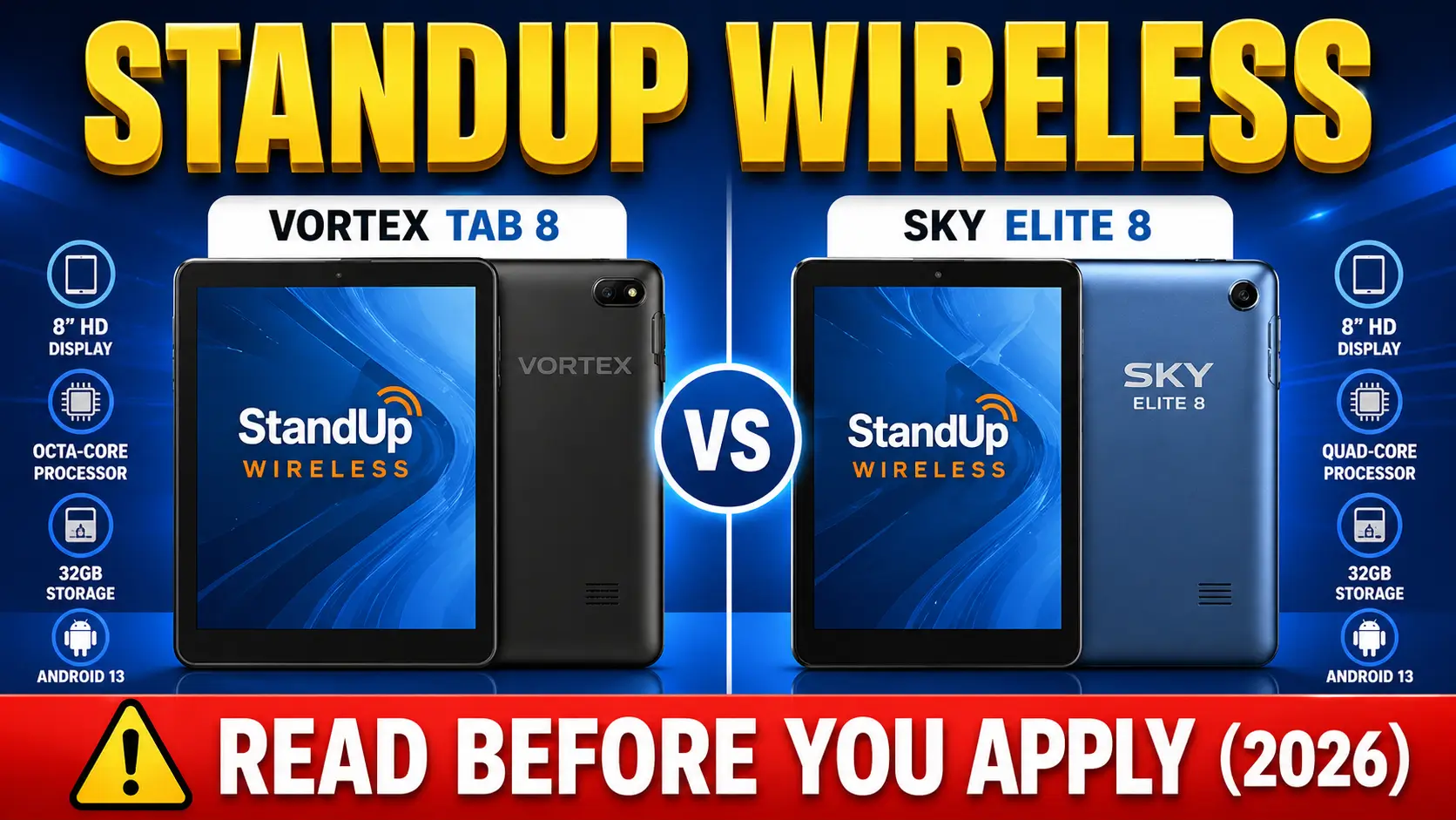 StandUp Wireless Free Government Tablet 2026 (Apply Now) 1 Split-screen thumbnail showing Vortex Tab 8 and SKY Elite 8 tablets with StandUp Wireless branding and a red warning banner reading read before you apply 2026