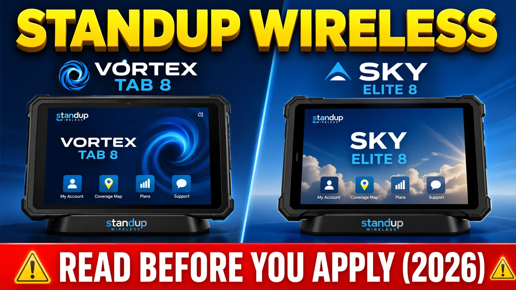 Split-screen thumbnail showing Vortex Tab 8 and SKY Elite 8 tablets with bold StandUp Wireless text and a red “Read Before You Apply 2026” warning banner