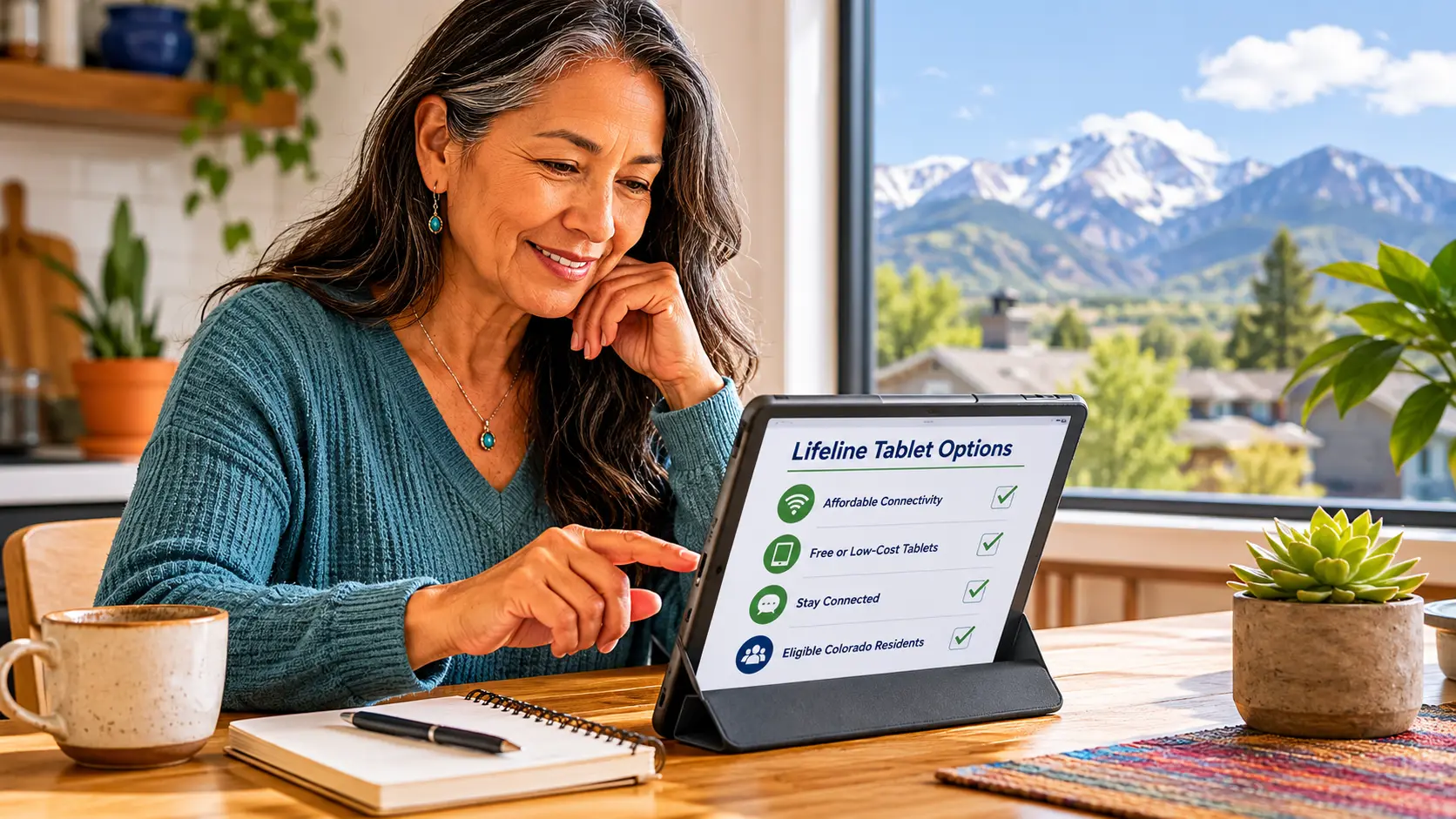 Colorado resident checking Lifeline tablet options on a tablet at home