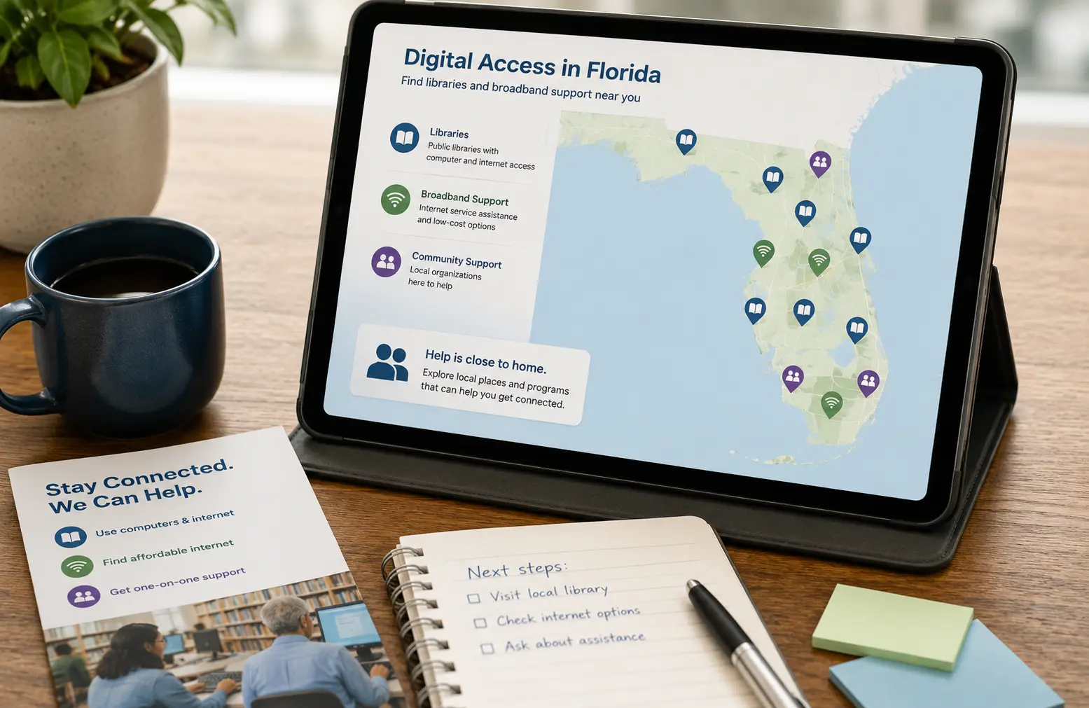 Florida digital access map with library and broadband support icons