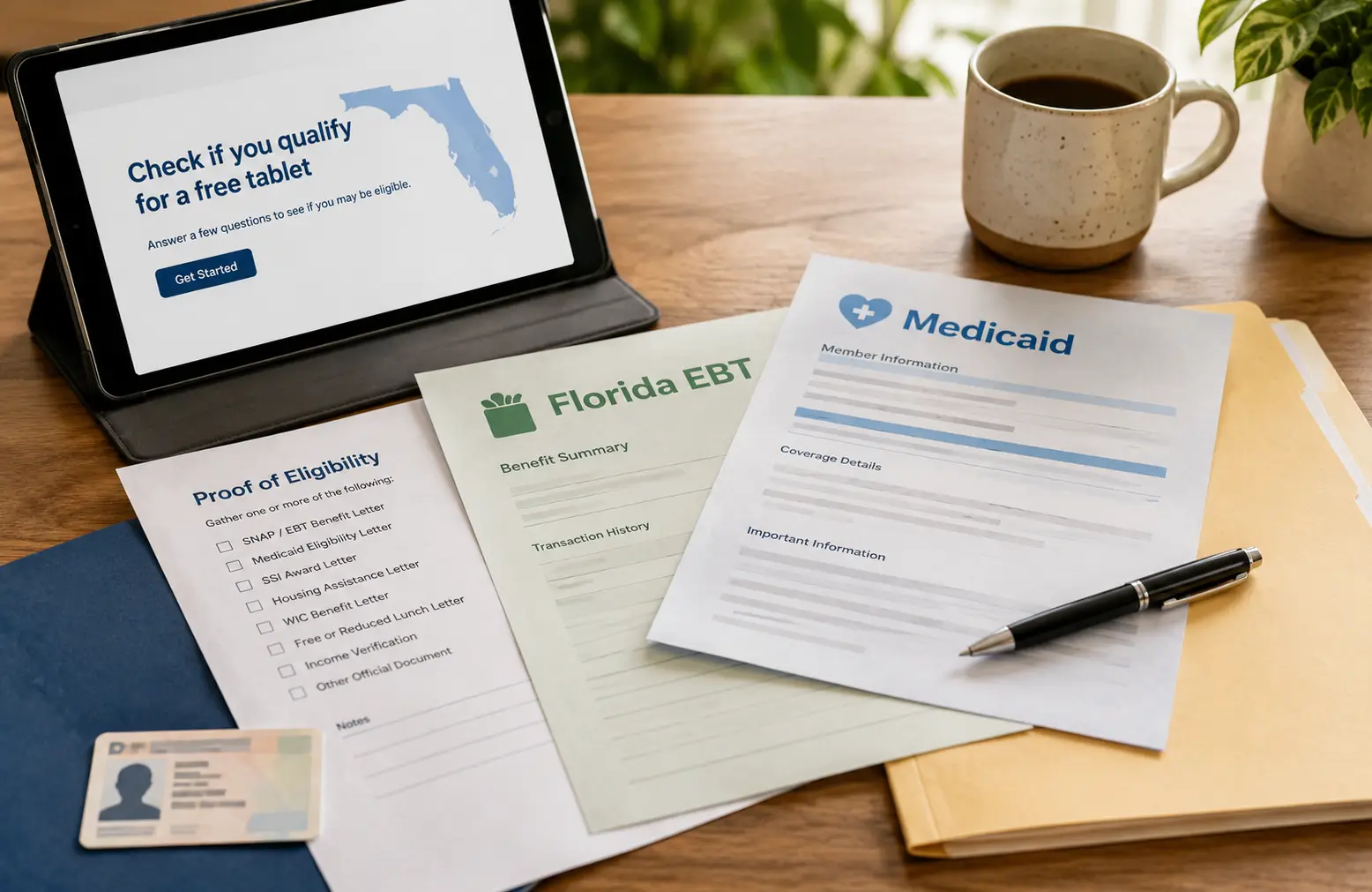 Florida EBT and Medicaid documents prepared for a tablet eligibility check