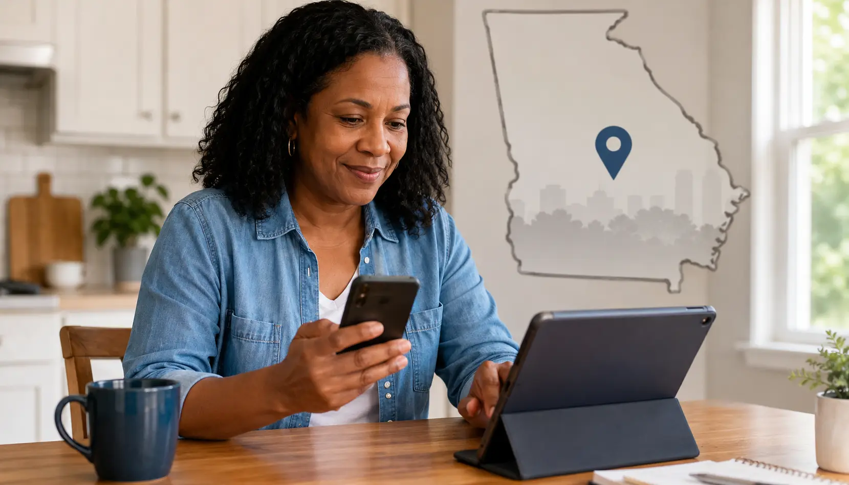 Georgia resident checking Lifeline tablet options on a smartphone and tablet