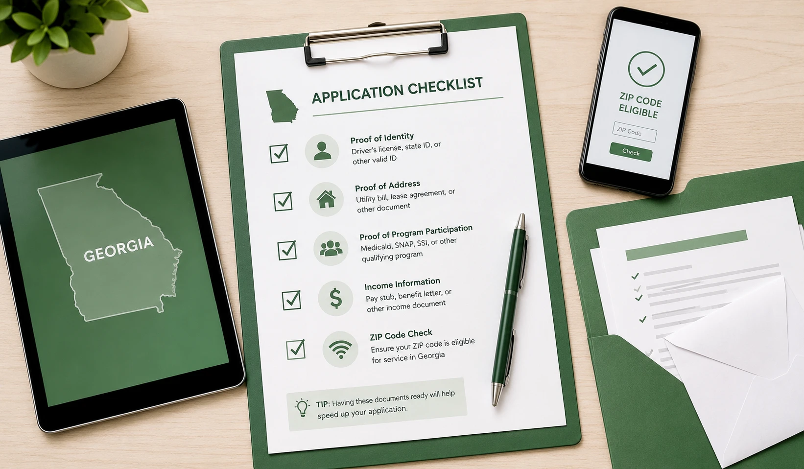 Georgia tablet application checklist with documents and ZIP code check