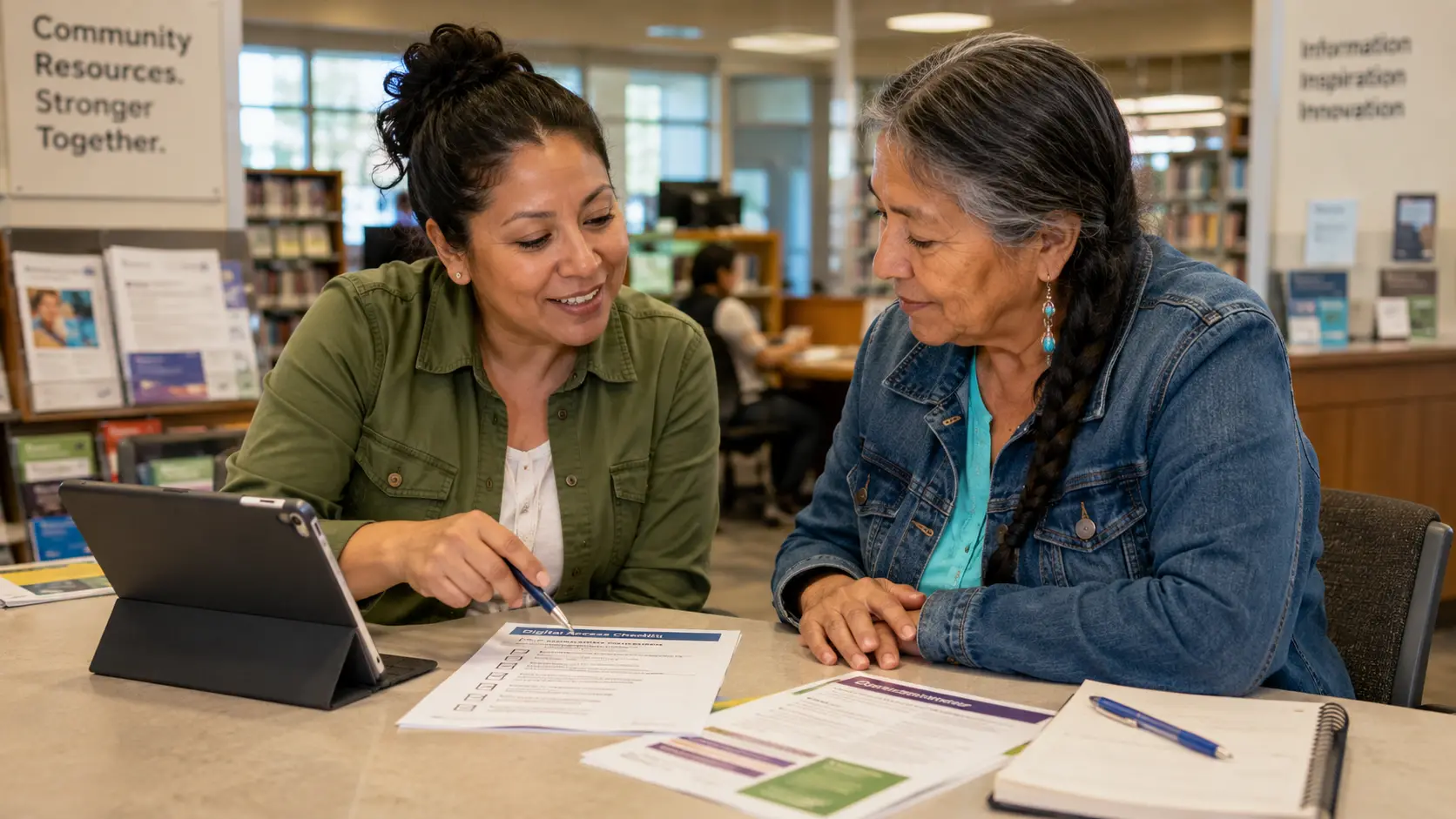 Iowa library and community resource desk helping a resident compare tablet assistance documents