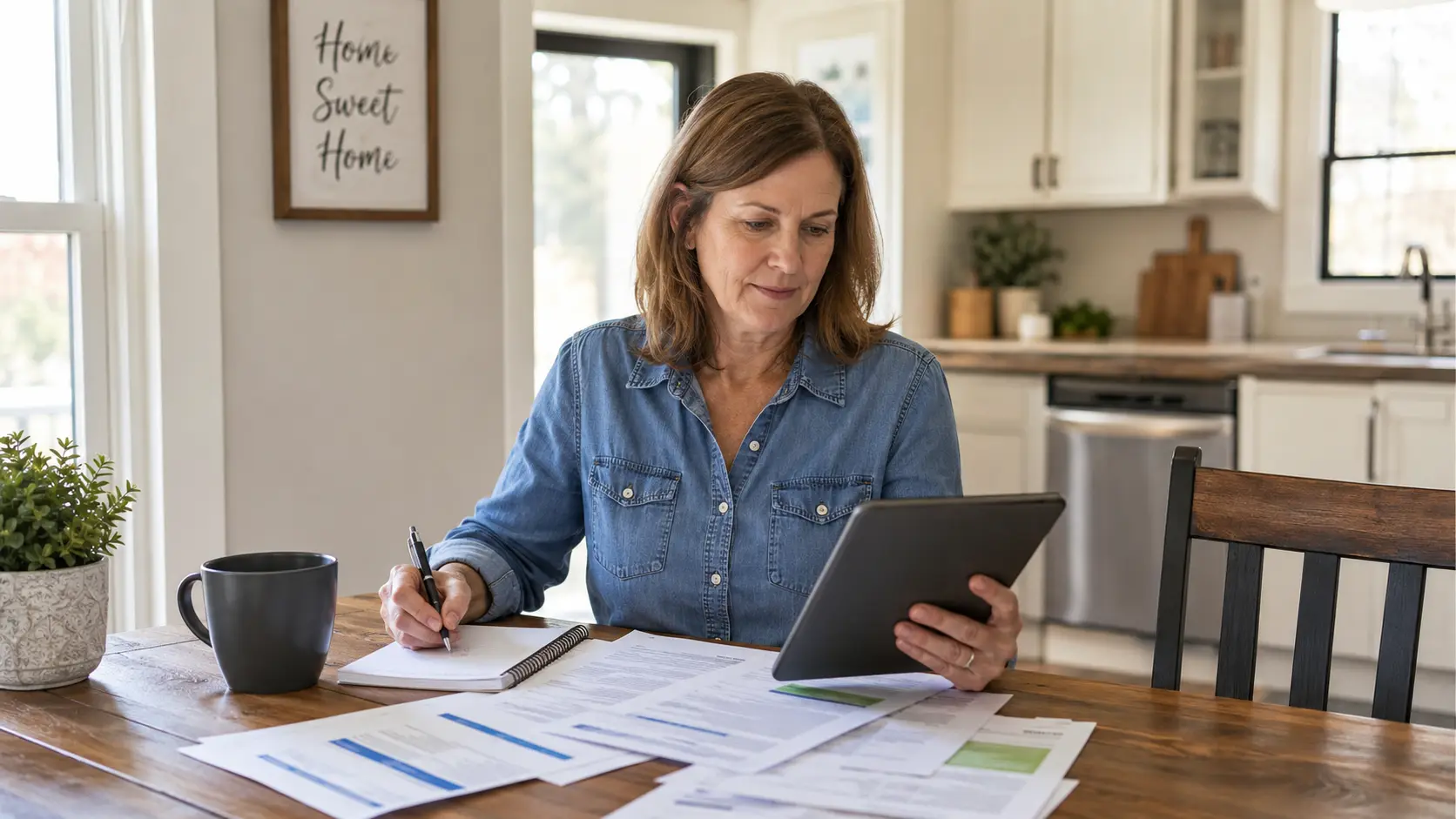 Iowa resident checking Lifeline tablet options on a tablet at home