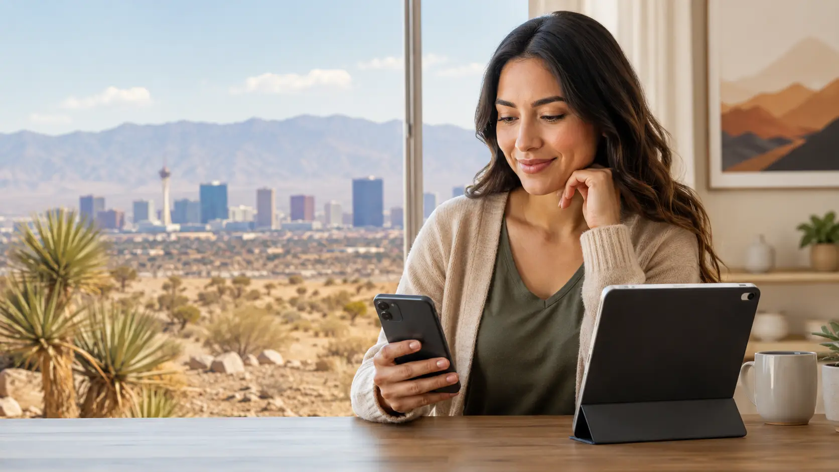 Nevada resident checking Lifeline tablet options on a smartphone and tablet