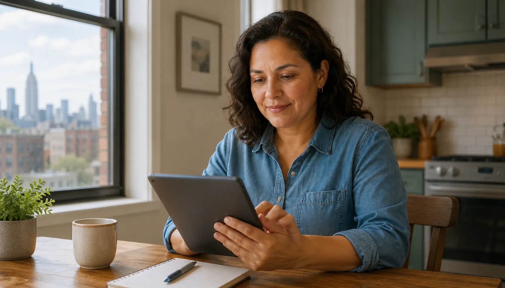 New York resident checking Lifeline tablet options on a simple tablet at home