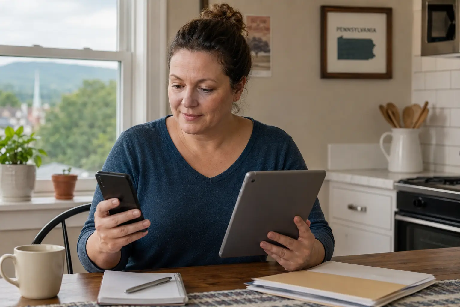Pennsylvania resident checking Lifeline tablet options on a tablet at home